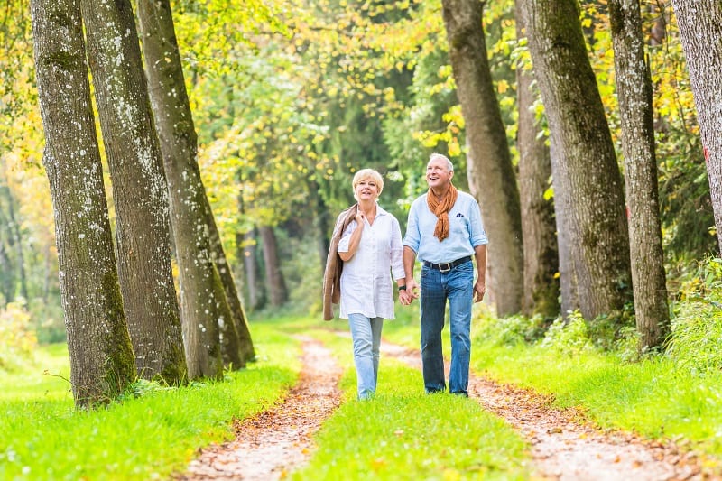 Senior couple having leisure walk in woods